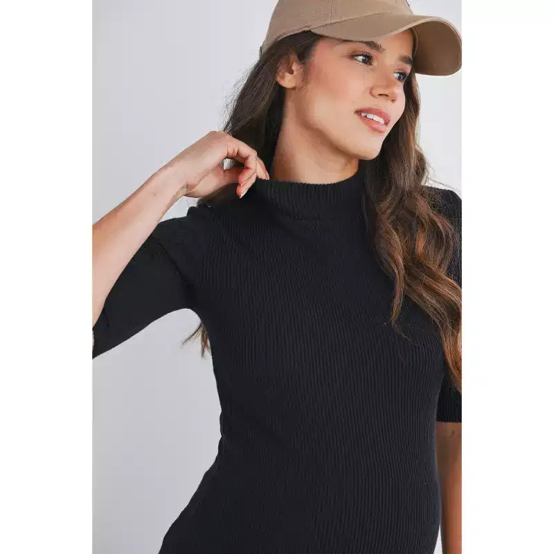 Hello Miz Women's Ribbed Mock Neck Elbow Sleeve Maternity Top