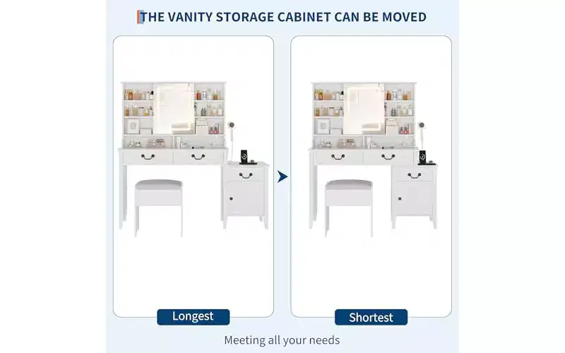 White Vanity Desk with Sliding Mirror & Stool - Retractable Dressing Table with Hair Dryer Rack, Drawers & Storage Cabinet