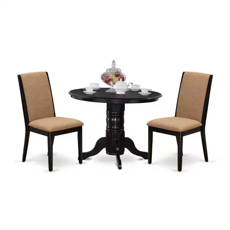 3-Piece Black Finish Solid Wood Top - Round Dining Room Set - Seats 4