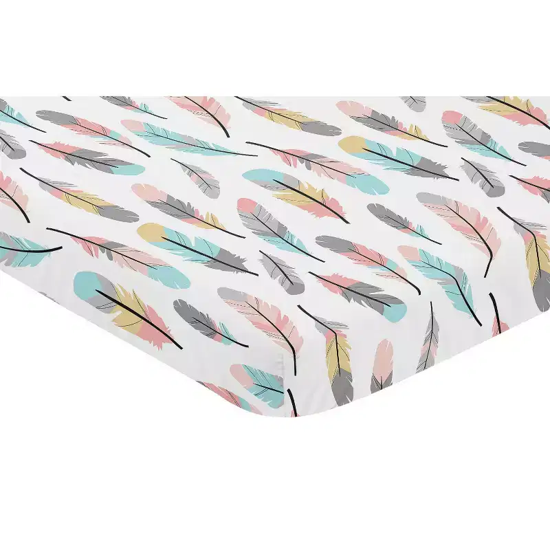 Sweet Jojo Designs Girl Baby Fitted Mini Crib Sheet Feather Blue Pink and Grey