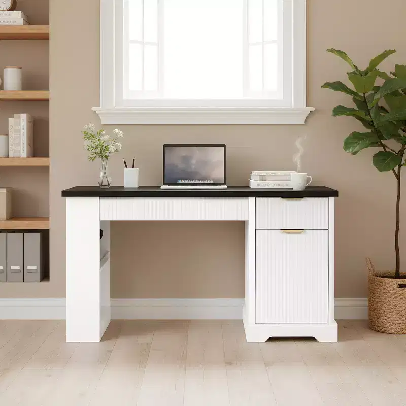 55 Inch Modern Office Desk with Storage Cabinet and Drawers, Power Outlets, Pegboard, Built-in Shelves and Keyboard Tray, White