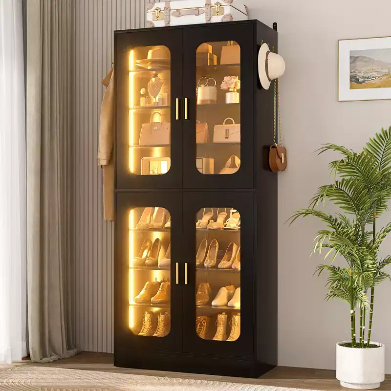 Besiost Shoe Cabinet With LED Light, Closet Shoe Organizer with Adjustable Shelves