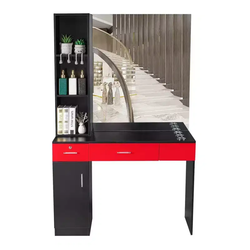 Black Red Wall Mount Barber Station with Mirror