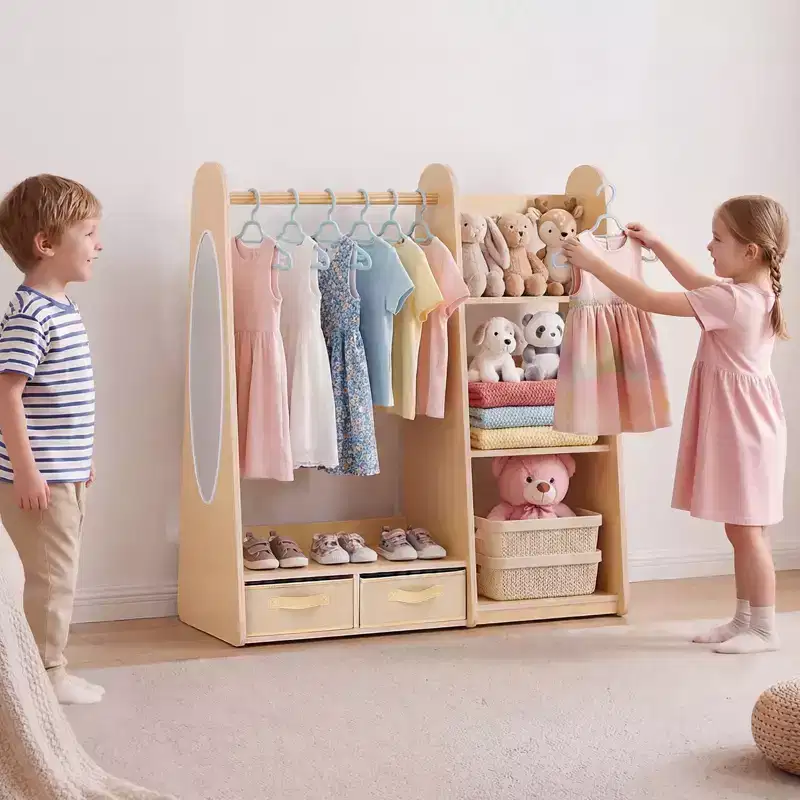 VEVOR Kids Dress Up Storage, with Mirror, Dress Up Closet, Toddler Wardrobe Closet for Little Girls, Armoire with Shelves & Bottom Tray, Natural