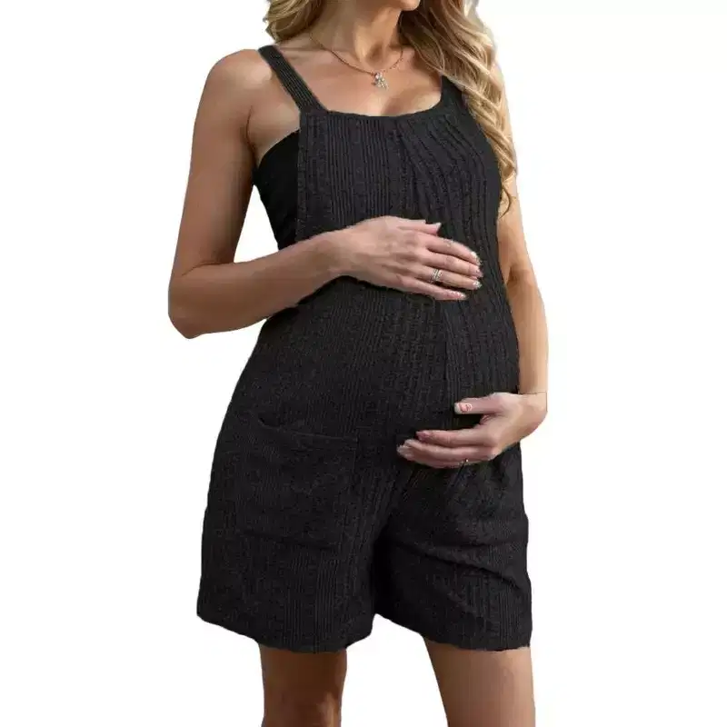 Coolmee Women's Maternity Overalls Shorts Ribbed Knit Solid Pregnancy Casual Sleeveless Jumpsuits Romper for Pregnancy with Pockets S Black