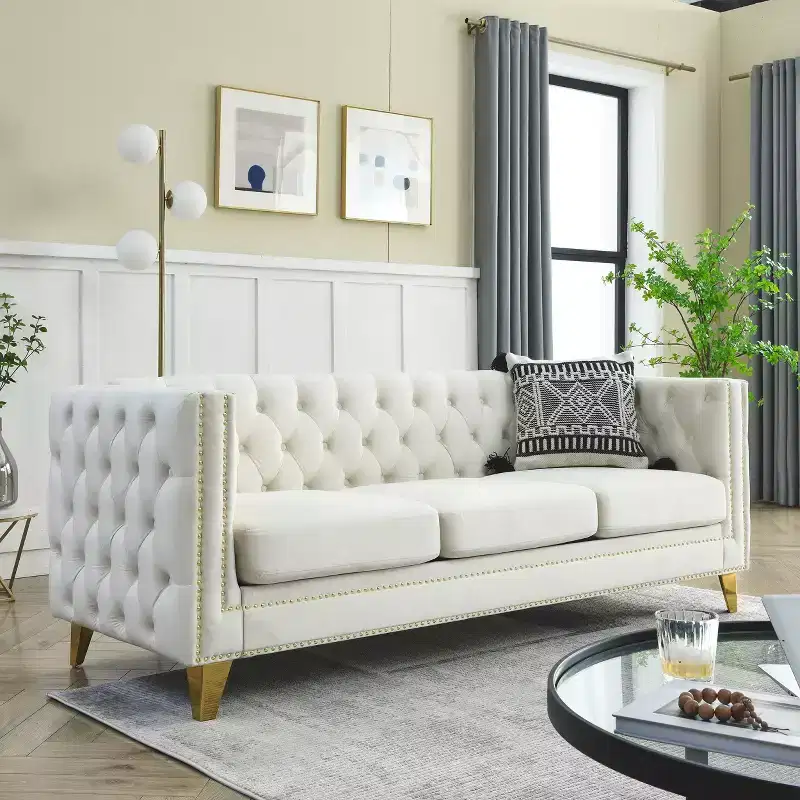 Modern Velvet Sofa with Button Tufted Square Arms and Metal Legs
