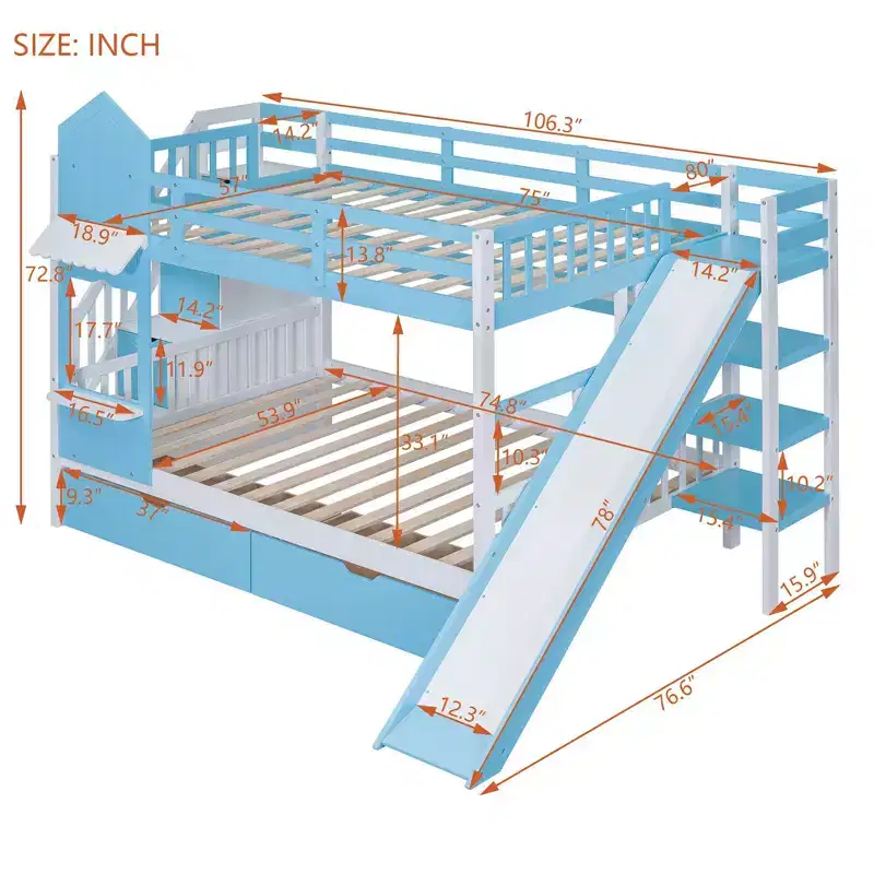 Full-Over-Full Castle Style Bunk Bed with 2 Drawers 3 Shelves and Slide - Blue