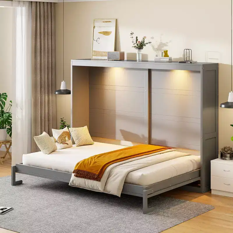 Queen Size Murphy Bed Cabinet, Wood Murphy Bed Platform Chest Bed Frame, Folding Wall Bed for Bedroom