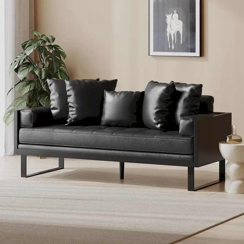 Oversized Faux Leather Loveseat with Accent Pillows | Modern Style | 2-Seater Sofa