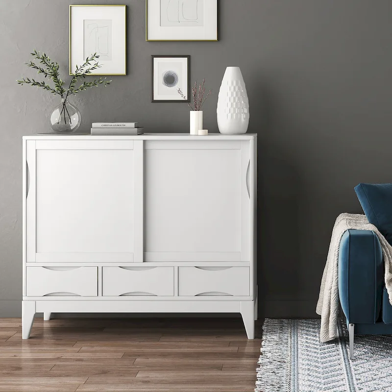 48-Inch Wide Mid-Century Modern Storage Cabinet with Sliding Doors and Drawers