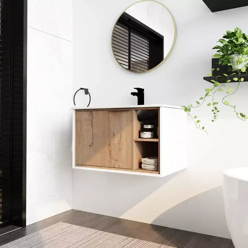 Eco-friendly plywood vanity cabinet, scratch-resistant and waterproof, with ceramic sink. Adult assembly required. Suitable for bathrooms.