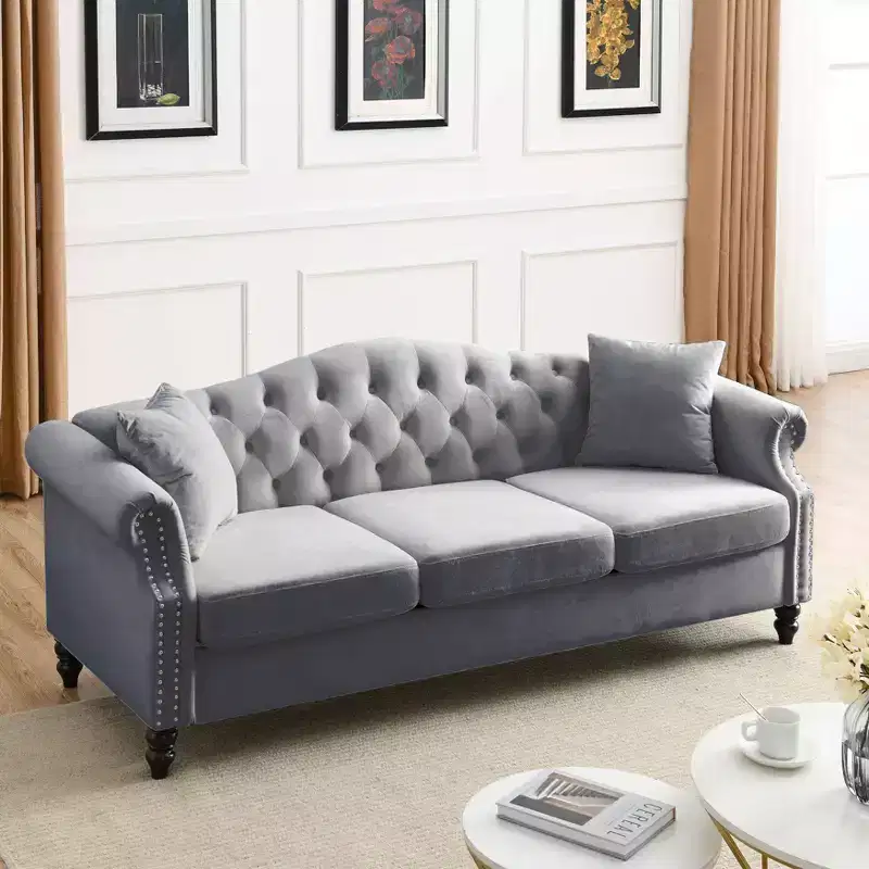 79 Chesterfield Sofa Grey Velvet for Living Room, 3 Seater Sofa Tufted Couch with Rolled Arms and Nailhead for Living Room