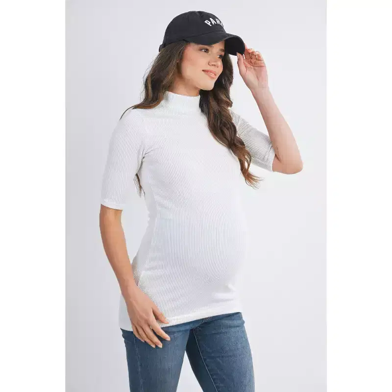 Hello Miz Women's Ribbed Mock Neck Elbow Sleeve Maternity Top