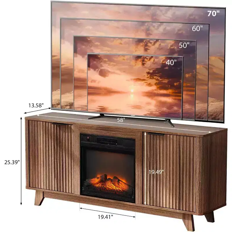 VINGLI Fluted Fireplace TV Stand for up to 70 inch TVs, Entertainment Center with Electric Fireplace Heater & Adjustable Shelves