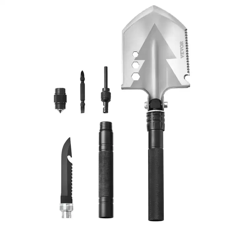 VEVOR Survival Shovel, 8 in 1 Camping Shovel Folding Multitool, Military Grade Portable Compact Tactical Shovel,for Off-Roading, Black & Silver