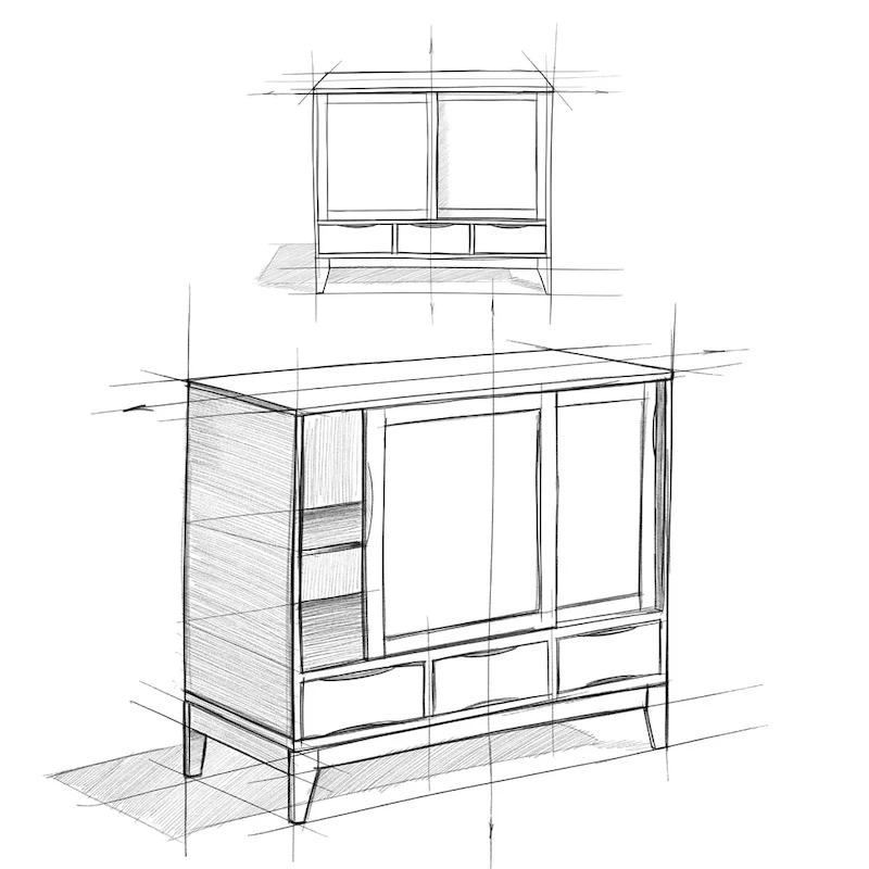 48-Inch Wide Mid-Century Modern Storage Cabinet with Sliding Doors and Drawers