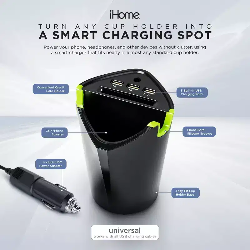 iHome 3 Port Cup Holder Charger, Rapid Charge 2.1A Port, Extra Storage, Universal Fit