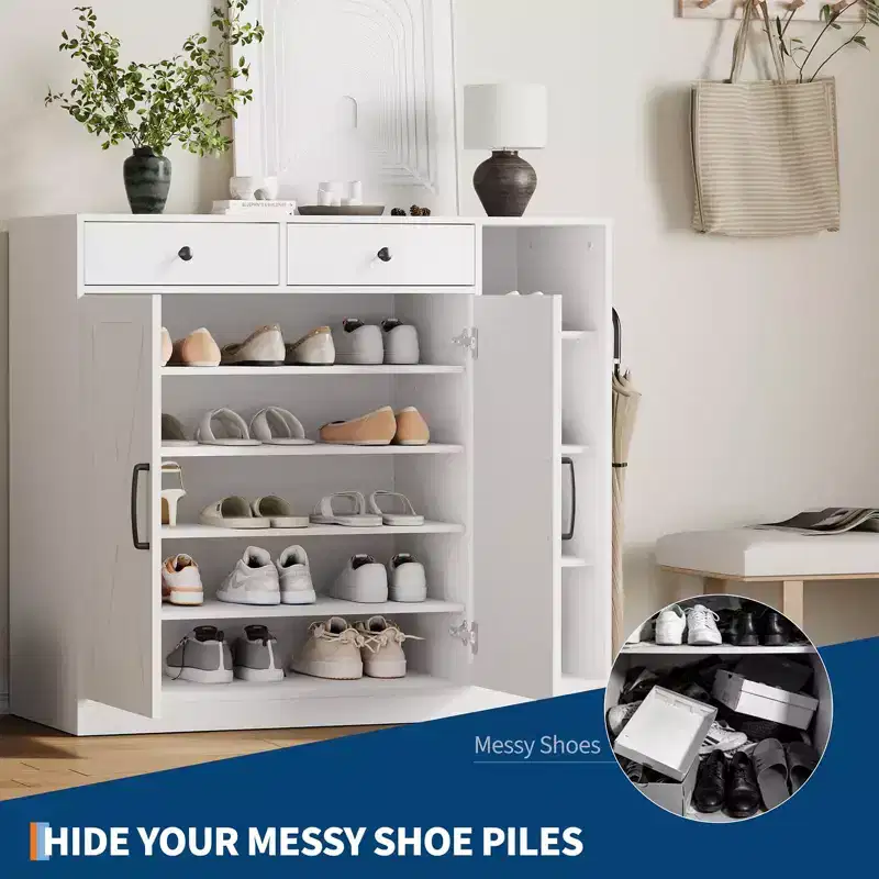 Shoe Cabinet, Shoe Storage Cabinet  Farmhouse 2 Barn Door Design with Drawers, Adjustable Shelves & Hooks for Entryway, Hallway