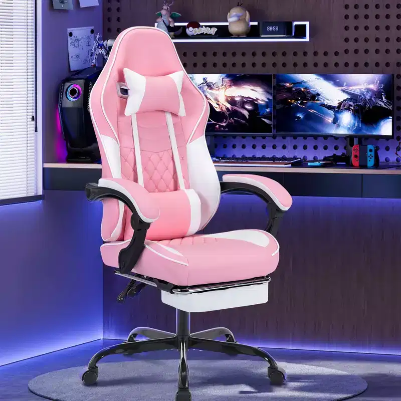 MAYEERTY Ergonomic Video Gamer Chairs, Computer Gaming Chairs with Massage Lumbar Support and Footrest Pink White