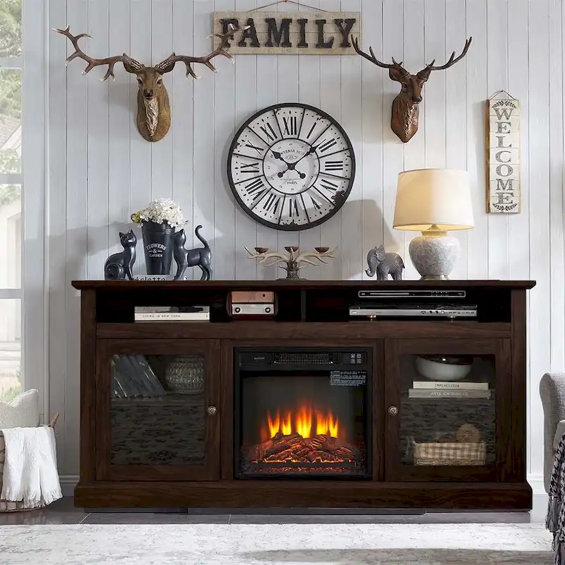 60-Inch Electric Fireplace TV Stand with Adjustable Shelves and Cabinets