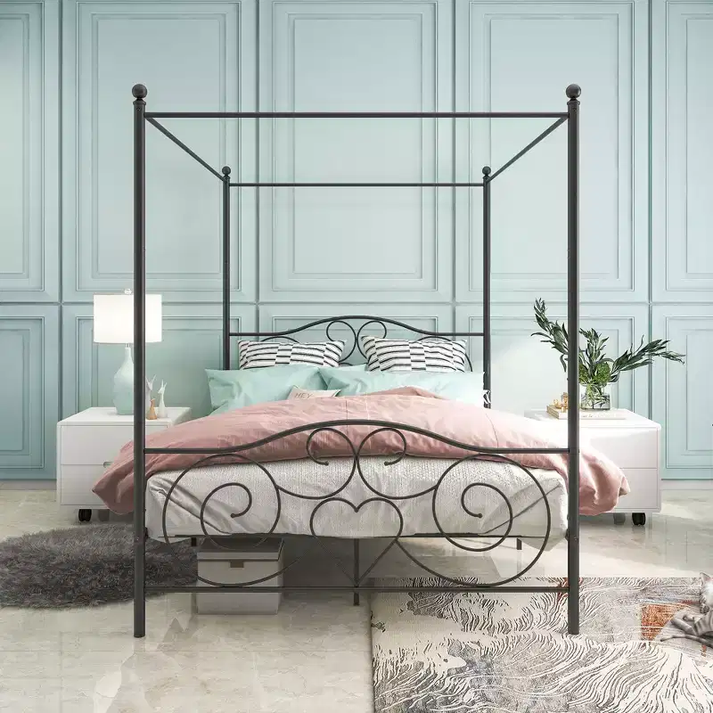 Queen Size Metal Canopy Bed Frame with Vintage Headboard