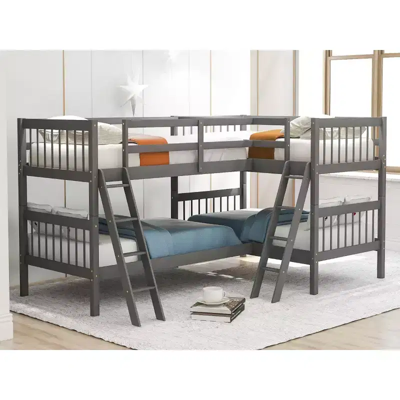 Twin over Twin Bunk Bed for 4 Kids, L-Shaped Solid Wood Bunk Bed Frame for Bedroom
