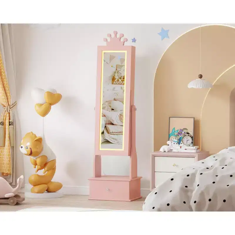 Garvee Kids Jewelry Armoire Cabinet with Full-Length Mirror,46Jewelry Armoire with 3 Storage Drawers,Kids Vanity Dress Up Mirror Jewelry Cabinet