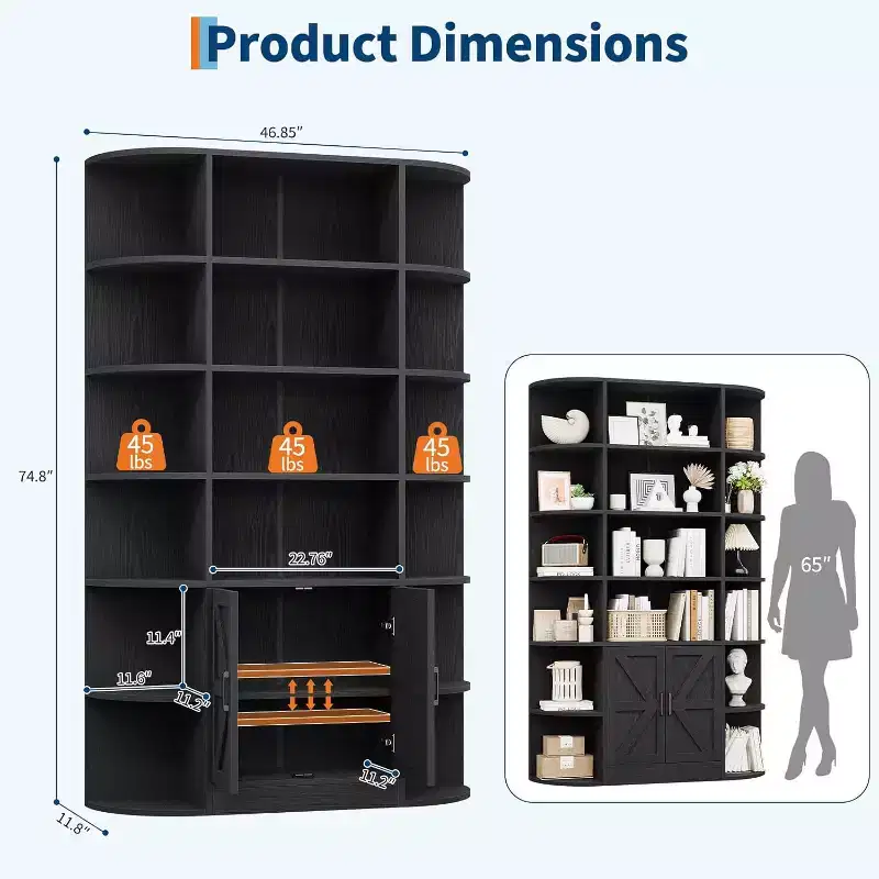 75in Tall Bookshelf with Storage, 6-Tier 47 Wide Modern Farmhouse Standing Bookcase Cabinet Display Shelf Organizer for Home