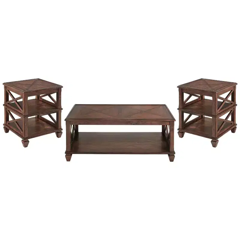 3pc Bridgton Wood Living Room Set with Coffee Table and 2 Shelf End Tables Cherry: Mid-Century Modern Design