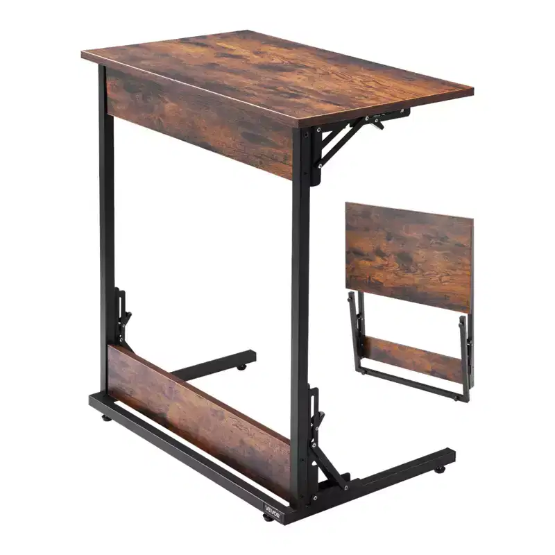 Folding C Shaped End Table with Metal Frame & Adjustable Feet, Brown+Black