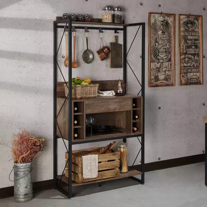 Rustic Baker's Rack Reclaimed Oak Industrial Style, 3 Fixed Shelves, Metal Frame, 67