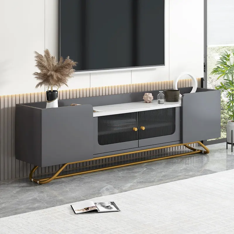 TV Stand with Fluted Glass, Entertainment Center for TVs Up to 70, Faux Marble Top TV Console Table with Gold Frame Base