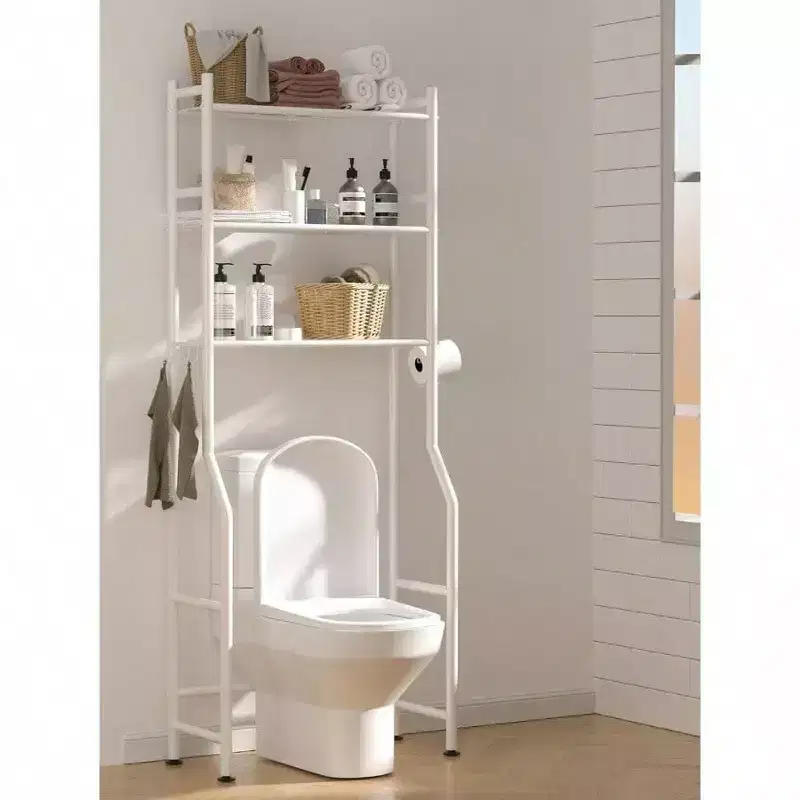 3 - Tier Over Toilet Storage Space Saver Metal Bathroom Shelves Freestanding Above Over Toilet Storage Shelf with 4 Hooks