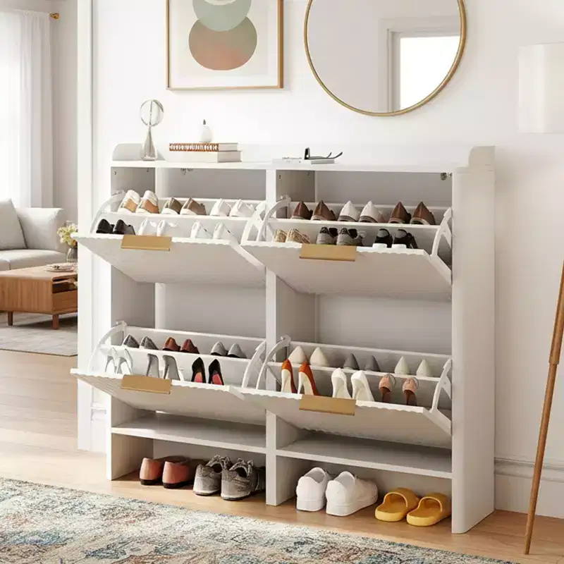 42.9 Inch Slatted Style 4 Flip Door Shoe Cabinet with Tabletop Baffle