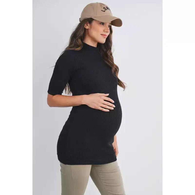 Hello Miz Women's Ribbed Mock Neck Elbow Sleeve Maternity Top