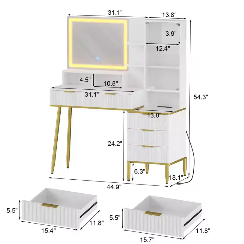 Fluted Vanity Desk with Mirror, Makeup Vanity with 5 Drawers & Shelves, Modern Dressing Table for Bedroom