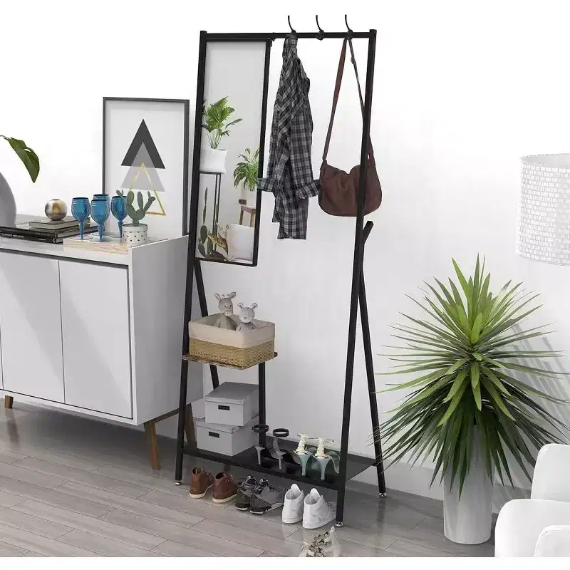 Modern Aluminum Entryway Set, 73-Inch Hall Tree with Mirror & Bench, Shoe Storage Shelves, Black/Brown Combo for Living Spaces