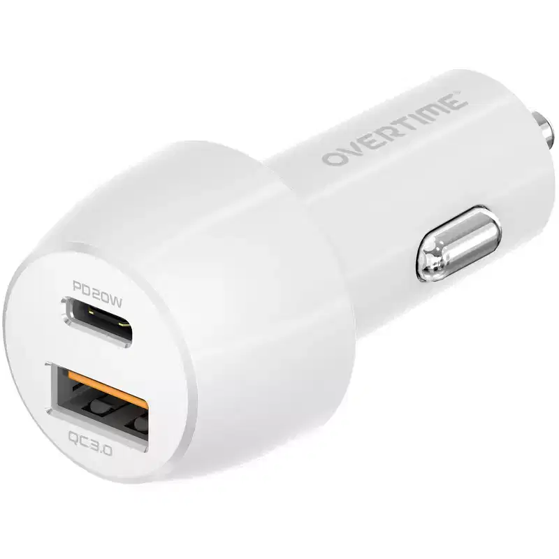Overtime 38W Rapid Car Charger with USB-A and Type-C Ports, White