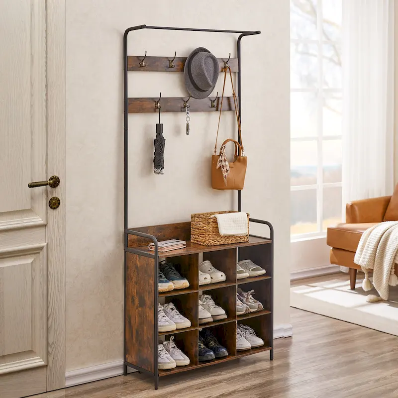 Antique Brown Wooden 3 in 1 Hall Tree, Entry Shoe Rack with Clothes Rack and 7 Hooks