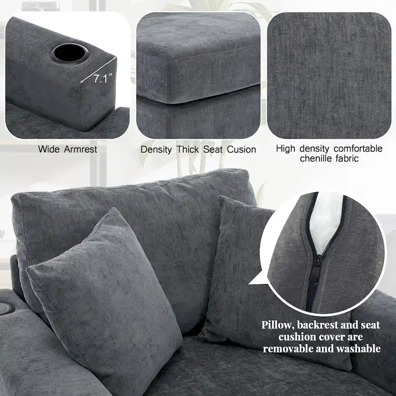 43.5 Chenille Fabric Chaise Lounger Sofa Couch with Pillows, Charge Station & Cup Holders