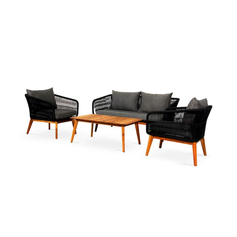 M4H Mieres 4-Piece Acacia Wood Outdoor Rope Conversation Set