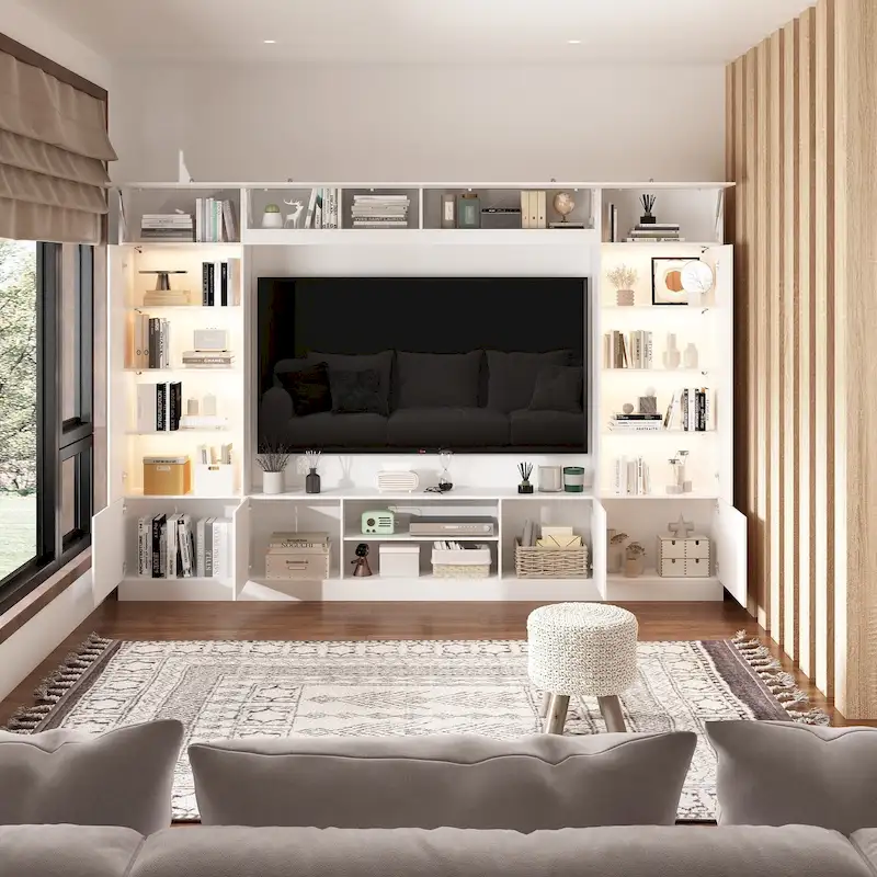 Bookshelf Entertainment Center Storage & Ambient Lighting White/Black