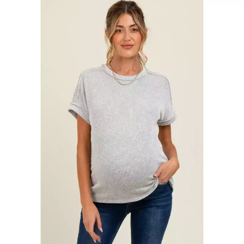 Pinkblush Heather Grey Ribbed Exposed Seam Maternity Short Sleeve Top