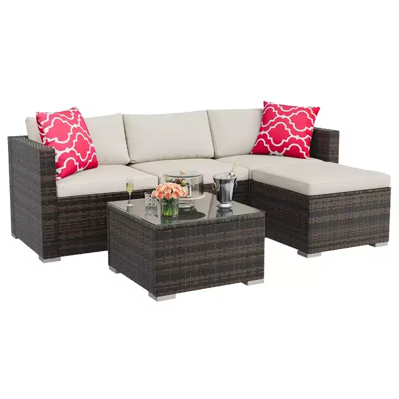 LinTimes Patio Furniture Set with Steel Frame, PE Wicker, Cushions & Glass Table for Outdoor Living Space, Easy Assembly