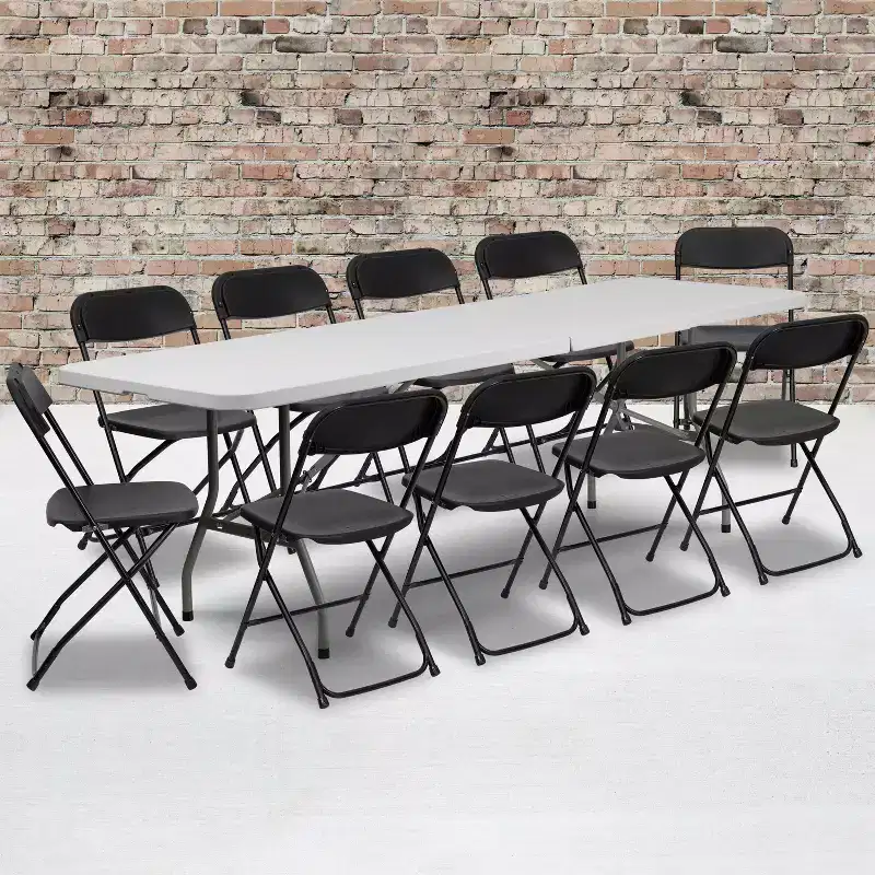 Emma and Oliver 8' Bi-Fold White Plastic Event/Training Folding Table Set w/ 10 Folding Chairs