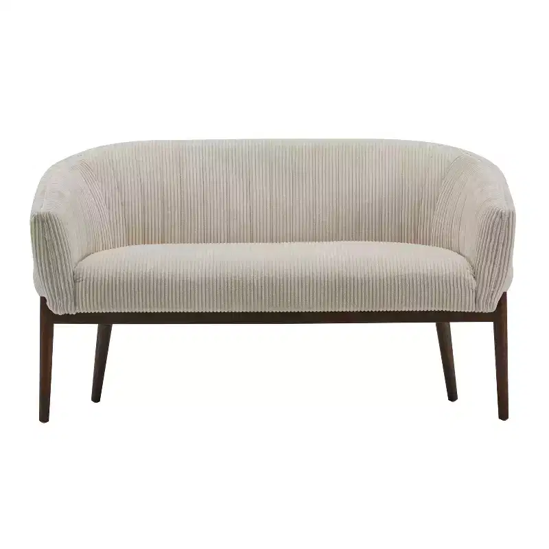 Mid-Century Modern Loveseat, Channel Stitch Upholstered Sofa with Curved Back & Rubberwood Legs, Seats 2
