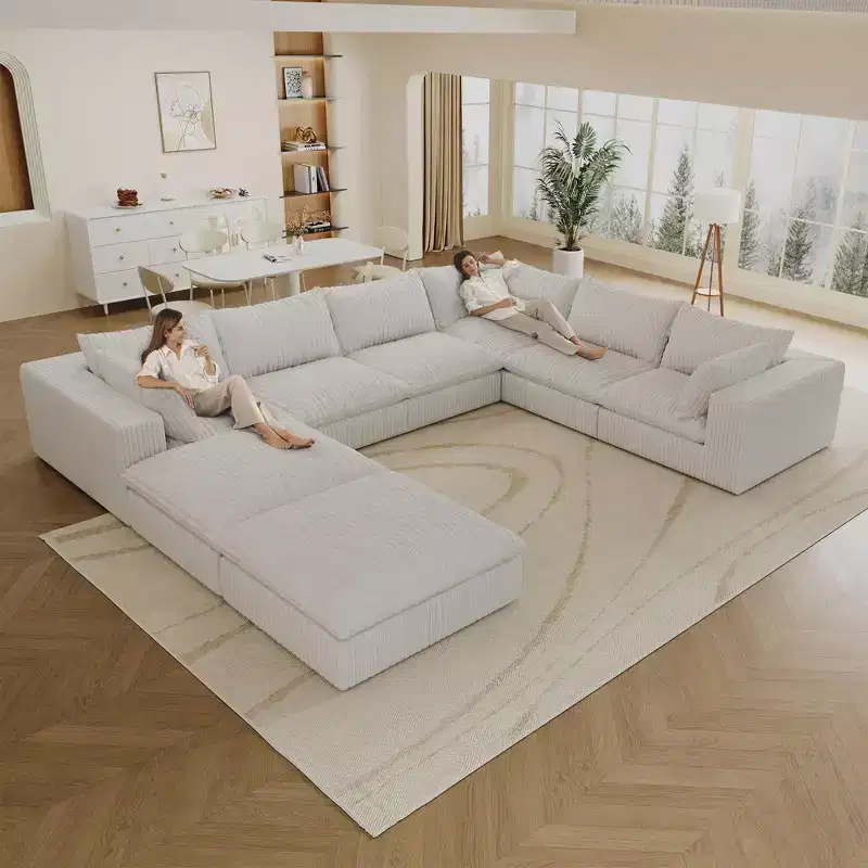 157.6 White Corduroy Fabric DIY Combination U Shape Cloud Sofa Deep Seat Couches with 2 Ottomans Double-layer design Removable Cushion No Assembly