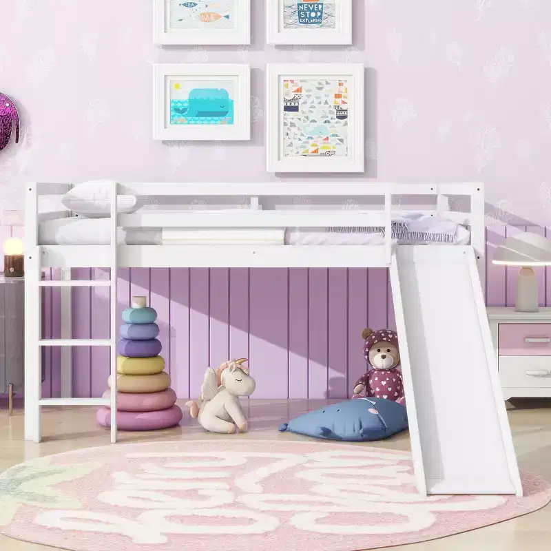 Twin Low Loft Bed with Slide, Ladder & Safety Guardrails – White, Solid Wood