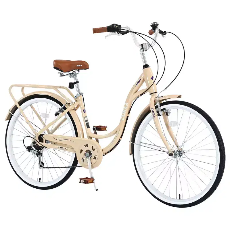 NAYSAYE Bicycle 7 Speed Steel Frame 24 Inch Ladies Bike for Commuting and Leisure for Urban Rides, Beige, 62.2*23.62*40.16