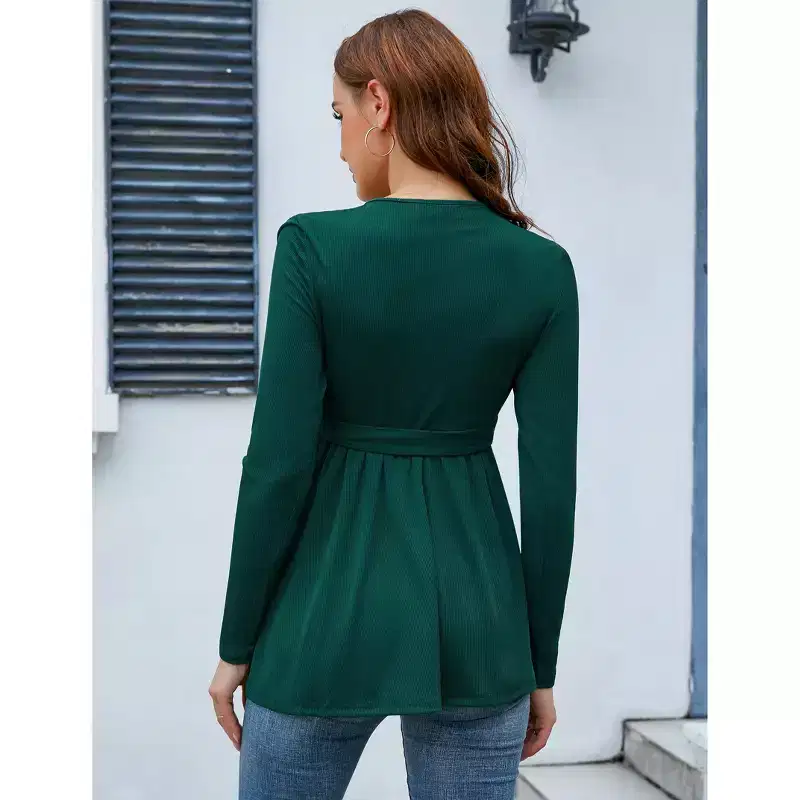 Coolmee Women's Ruffle Maternity Shirts Tops Long Sleeve Criss Cross V Neck Tie Front Pregnancy Clothes